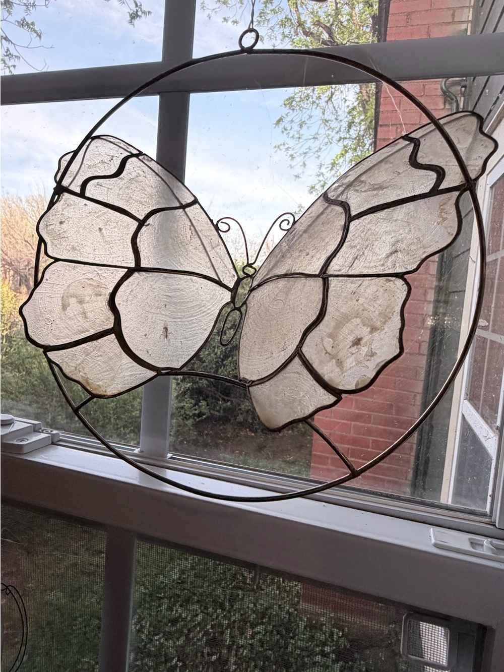 Vintage handcrafted Capiz shell and metal Butterfly Suncatcher